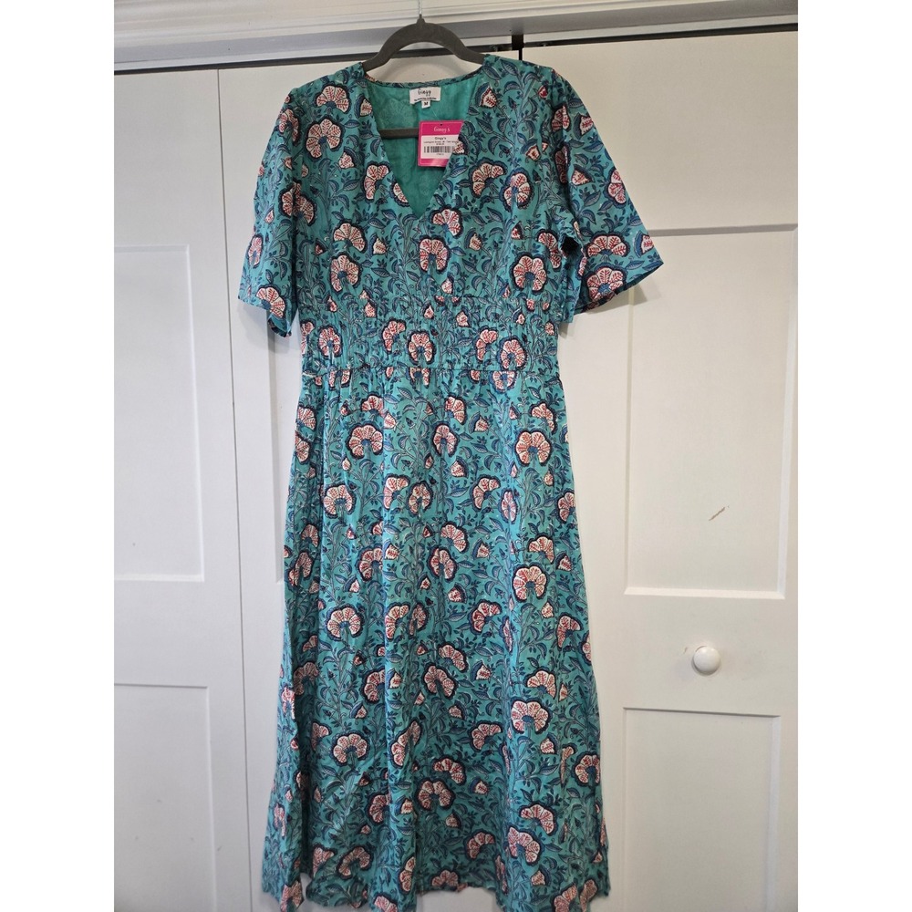 Gingy's Lexington Dress M Teal Tango Floral Block Print Smocked Midi V-Neck NWT